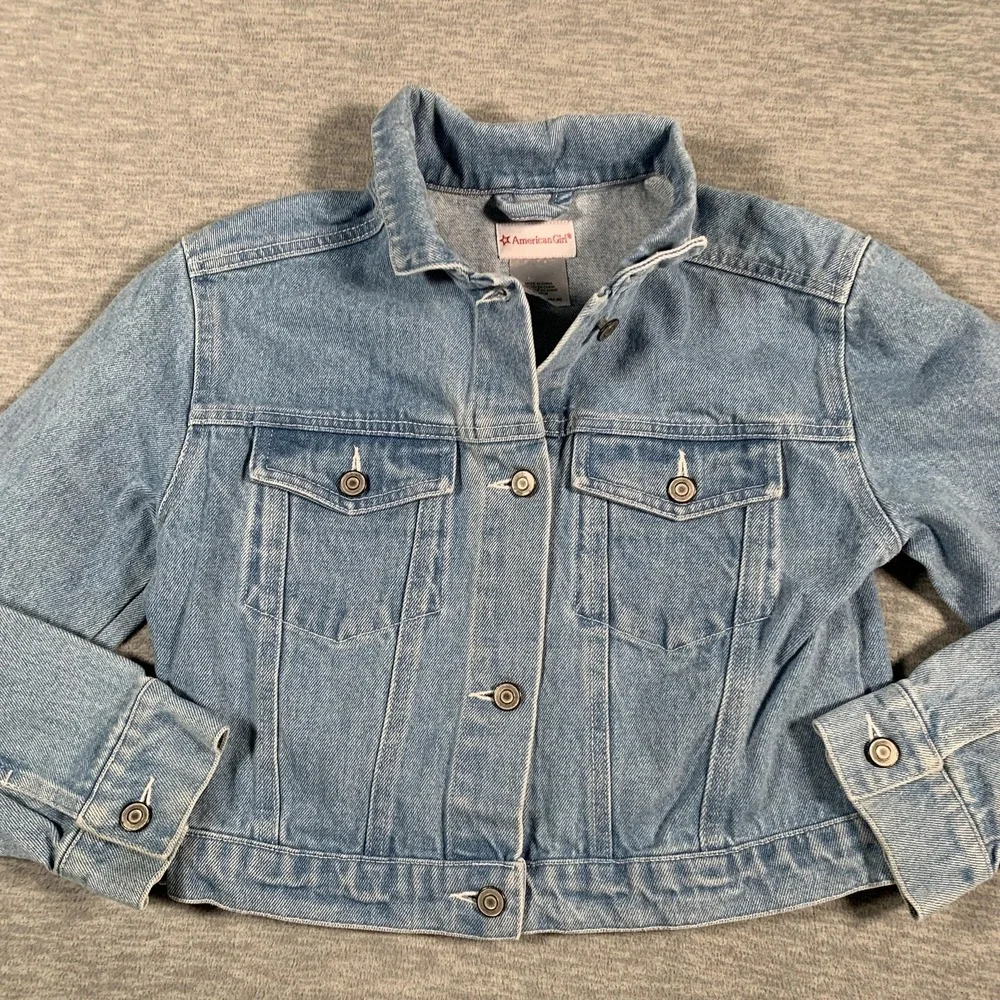 American Girl Jacket Girls Medium 10/12 Blue Denim Trucker Embroidered Floral‎